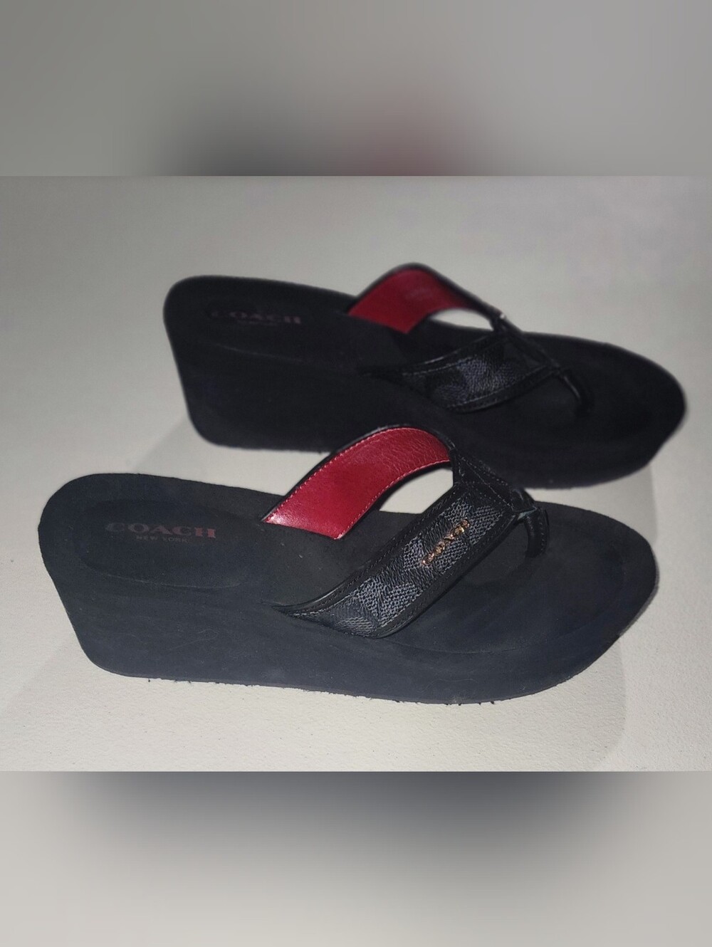 Coach Black and Red Wedge Flip Flop Sandals